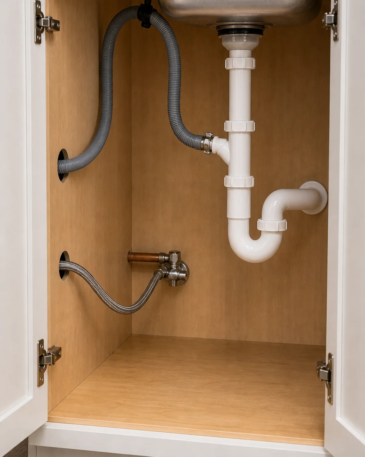 Representative dishwasher inspection: a supported high-loop drain, one P-trap, and a dedicated water shutoff inside the neighboring sink-base cabinet.