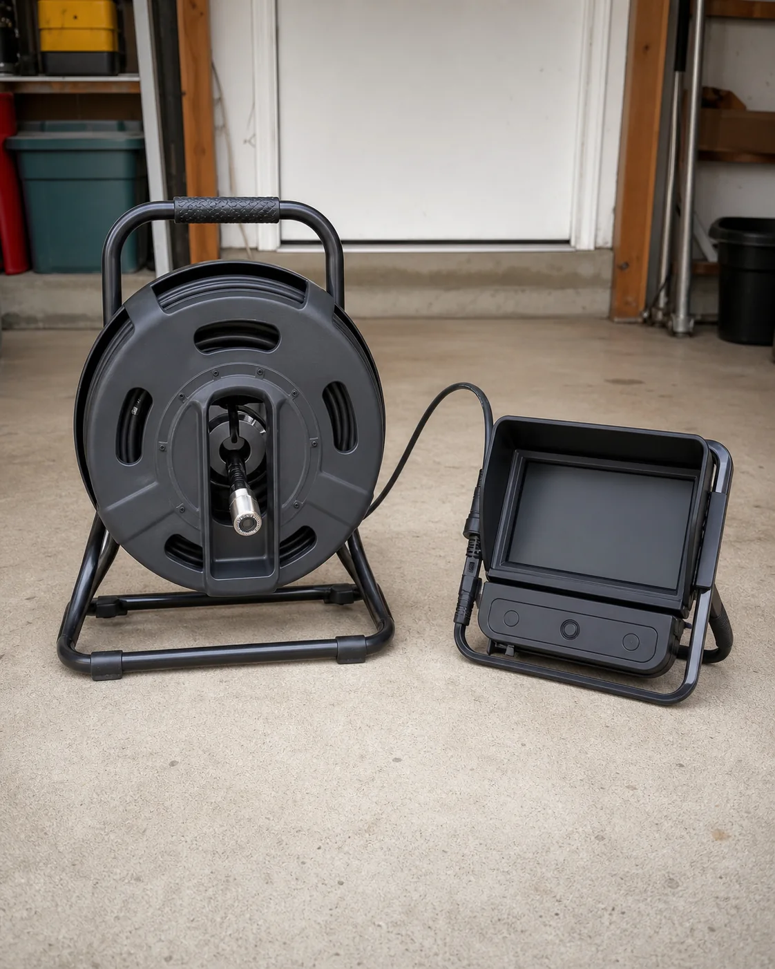 Representative drain-camera inspection equipment stored safely before use.