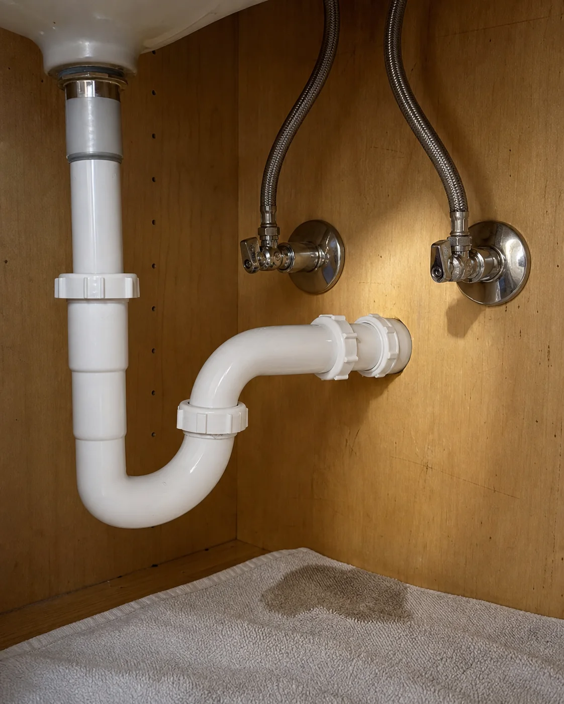 Representative under-sink shutoff, supply, and drain connections after an urgent leak is contained.