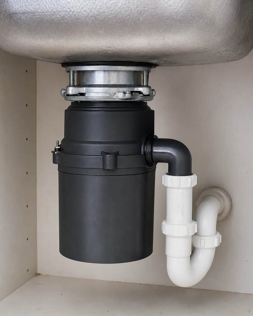 Representative garbage-disposal mounting and drain-connection detail.