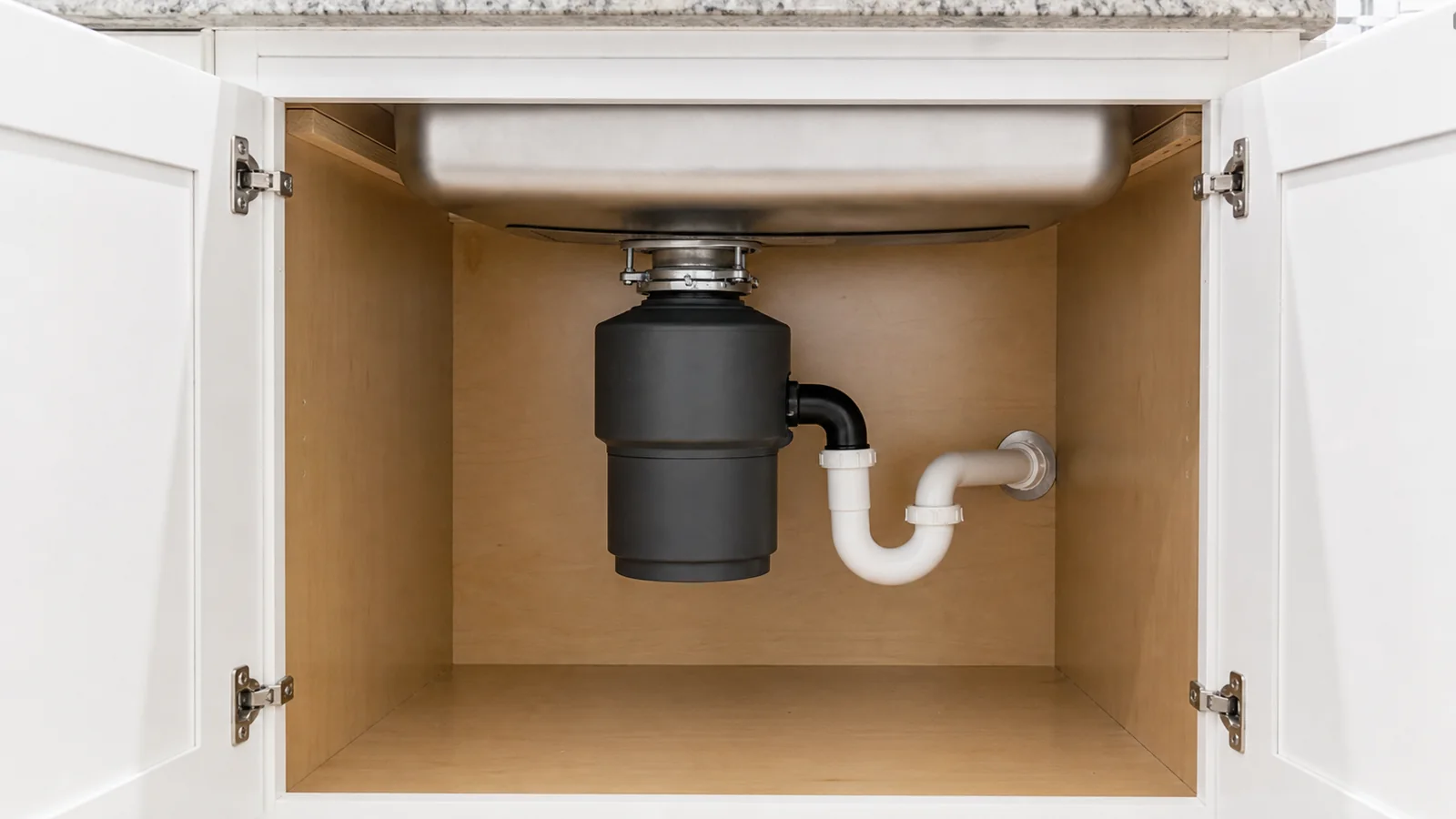 Representative finished garbage-disposal installation beneath a kitchen sink.