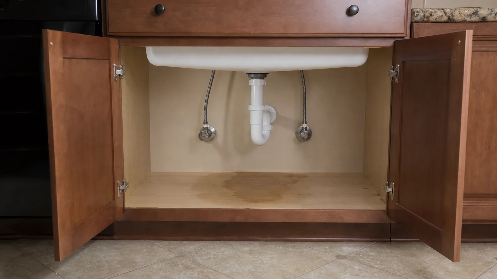 Representative localized dampness beneath a residential sink before leak investigation.