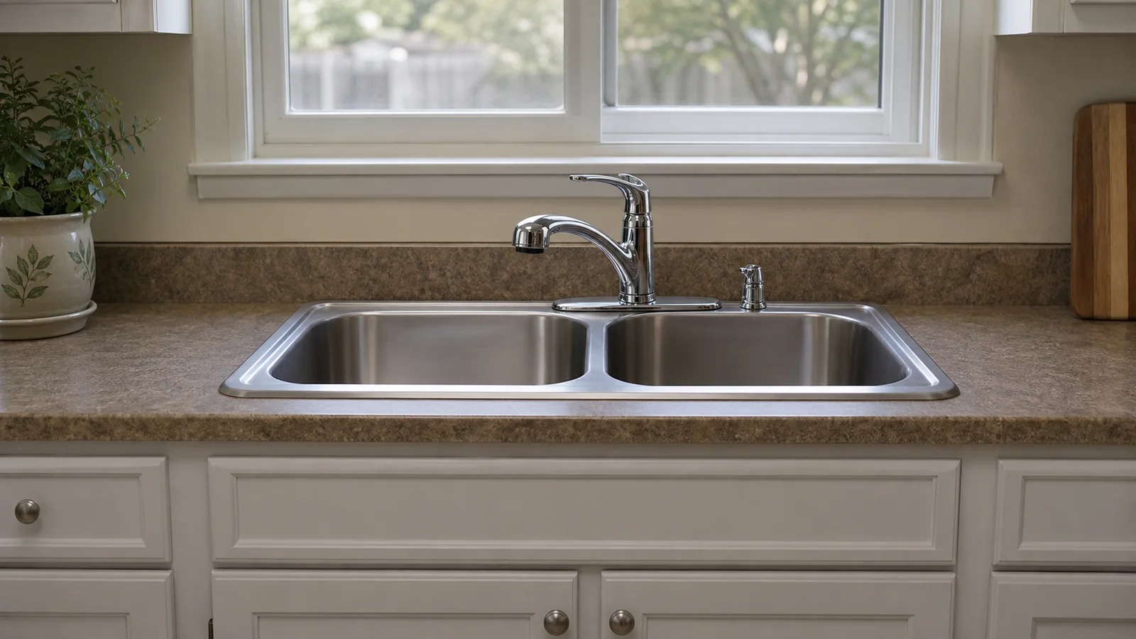 Representative finished residential sink and faucet installation.