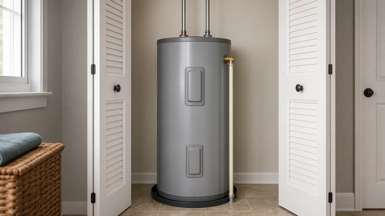 Representative finished residential water-heater installation in a utility space.