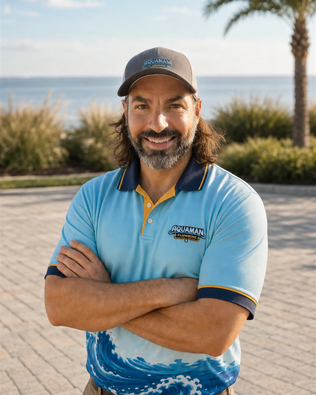 Client-approved synthetic portrait of Aquaman Plumbing owner Branden Wright wearing the company uniform.