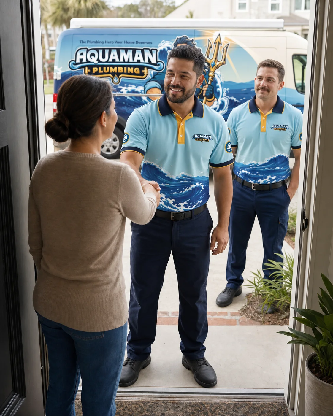 Representative welcome: a female homeowner greets two uniformed plumbing technicians at her doorway with an Aquaman-wrapped service van behind them.